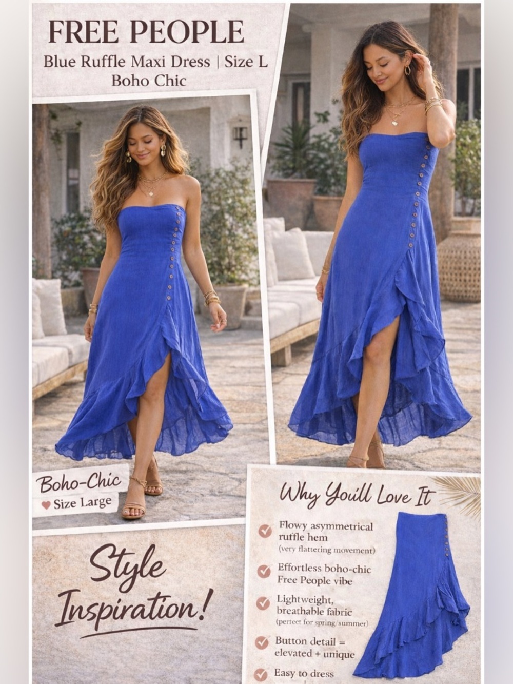 Free People Cobalt Blue Strapless Asymmetrical Ruffle Maxi Dress -Size Large-